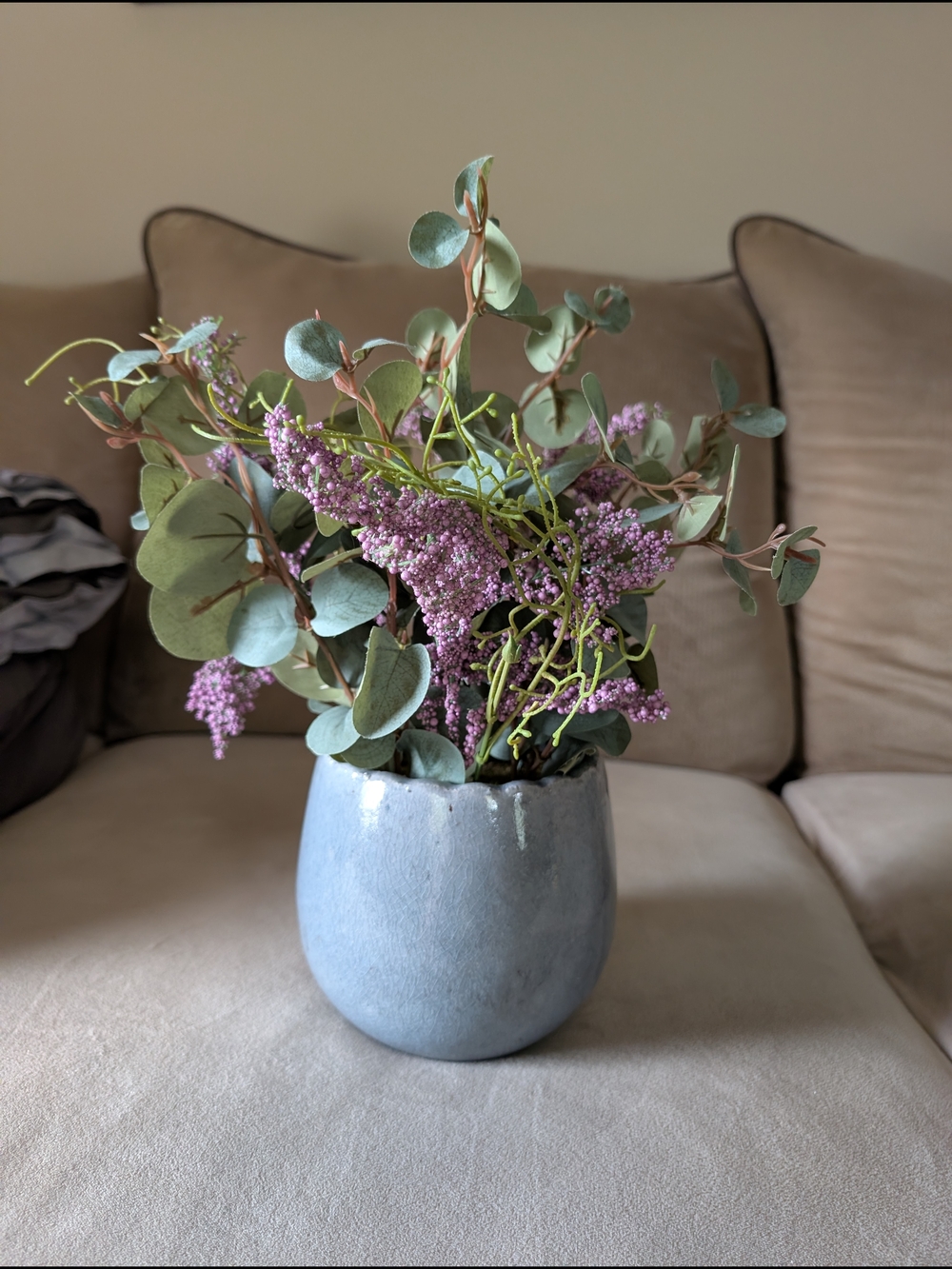 Blue Ceramic Vase with Purple Floral Arrangement